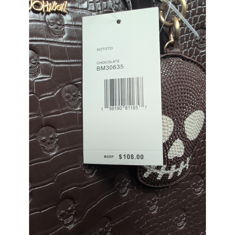 Betsey Johnson Chocolate Brown Embossed Tote with Skull Bag Charm XOTOTO NWT - Picture 3 of 6